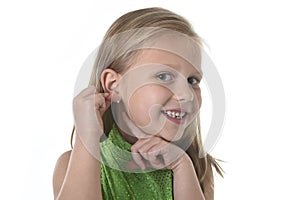 Cute little girl pointing her ear in body parts learning school chart serie