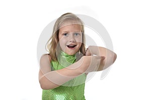 Cute little girl pointing her elbow in body parts learning school chart serie photo
