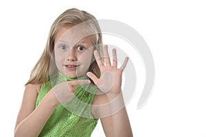 Cute little girl pointing her hand in body parts learning school chart serie