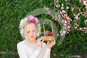 Cute little girl posing with fresh fruit in the sunny garden. Little girl with basket of grapes.