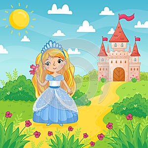 Cute little girl and princess in a blue beautiful dress holding a bird on the background of a castle in a green meadow