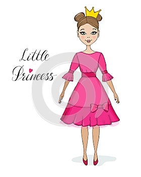 Cute little girl with princess crown and pink dress lettering vector illustration