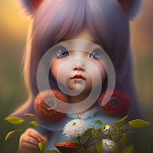 Cute little girl with purple hair and flowers in her hands in fantasy land