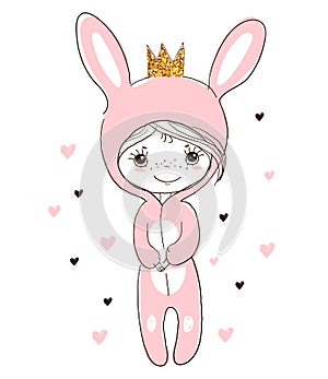 Cute little girl in a rabbit costume. Easter bunny. Little princess in a carnival costume. Doodle vector illustration isolated on