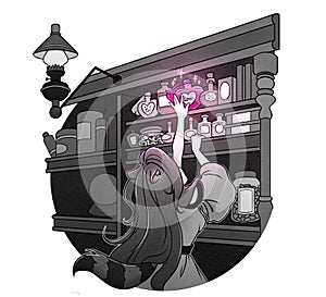 Cute little girl reaching for bottle on shelf in magic shop. Black and white illustration, pink love potion bottle