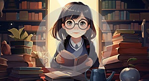 Cute little girl reading a book in the library.