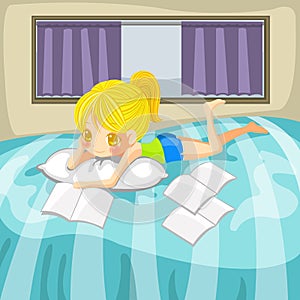 Cute little girl is reading books on her bed