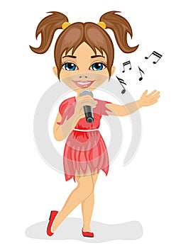 Cute little girl in red dress with microphone sings song. on white background