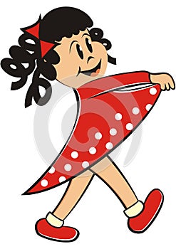 Cute little girl at red frock, funny vector illustration