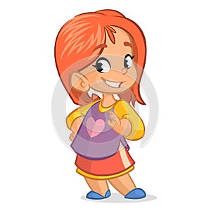 Cute little girl with red hair; vector cartoon style character in a shirt skirt