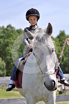 Cute little girl riding horse in the meadow