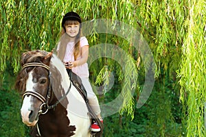 Cute little girl riding pony in park