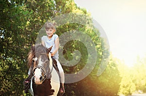 Cute little girl riding pony on sunny day