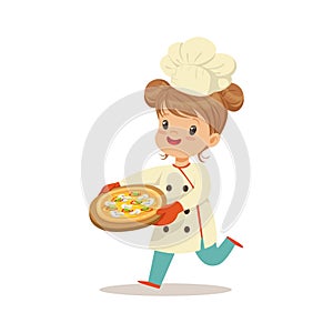 Cute little girl running with a freshly cooked pizza vector Illustration