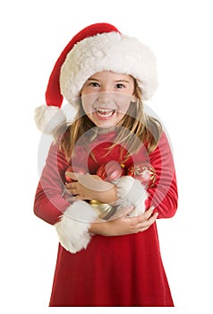 A Cute Little Girl in A Santa Claus Hat and Christmas Dress