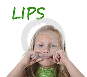 Cute little girl showing her lips in body parts learning English words at school