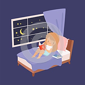 Cute Little Girl Sitting in the Bed in Front of the Window and Reading a Book at Night Vector Illustration