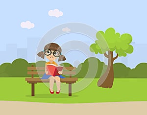 Cute Little Girl Sitting on Bench in Park and Reading Book Vector Illustration