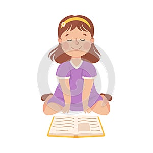 Cute Little Girl Sitting on Floor and Reading Book, Preschool Girl Enjoying Literature, Kids Education Concept Cartoon