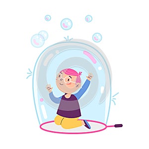 Cute little girl sitting inside soap bubble, flat vector illustration isolated.