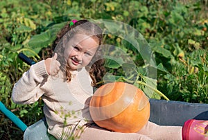 Cute little girl sitting with a pumpkin in a garden cart.
