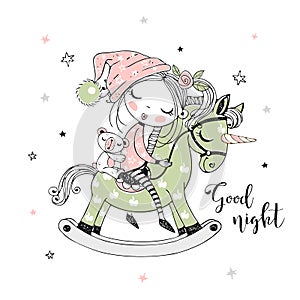 A cute little girl is sleeping sweetly on a unicorn toy horse. Vector