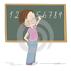 Cute little girl standing in front of the blackboard, writing numbers with chalk, smiling happily