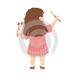 Cute Little Girl Standing with Paint Brush Drawing on Wall Back View Vector Illustration