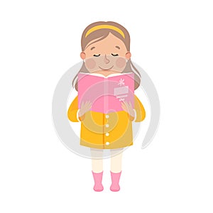 Cute Little Girl Standing and Reading Book, Preschool Girl Enjoying Literature, Kids Education Concept Cartoon Style