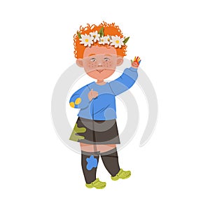 Cute Little Girl Standing in Spotted with Color Paints Clothes Having Smile on His Palm Vector Illustration