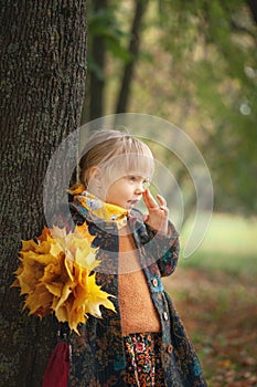 Cute little girl stands with a bouquet of maple yellow leaves in the autumn park. Dressed in a warm fashion coat