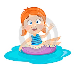 Cute little girl swimming in rubber ring.