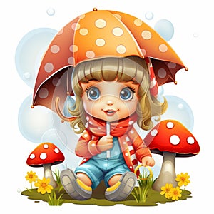 cute little girl with umbrella and mushrooms vector illustration