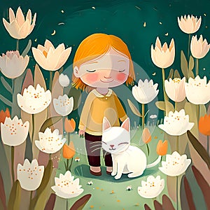 Cute little girl walks in the evening with a white cat among the flowers in the garden. Cartoon illustration