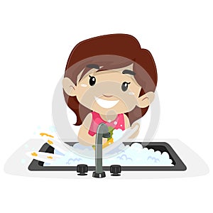 Vector Illustration of a Little Girl washing the dishes photo