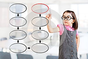 Cute little girl wearing business dress and drawing blank eight stage strategy flowchart. Office background.