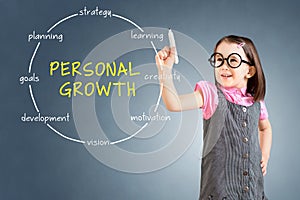 Cute little girl wearing business dress and drawing circular structure diagram of personal growth concept. Blue background.