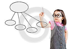 Cute little girl wearing business dress and drawing a flowchart 2. White background.