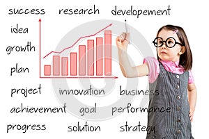Cute little girl wearing business dress and writing growth graph with business related text. White background.