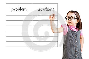 Cute little girl wearing business dress and writing problem and solution list in blank. White background.