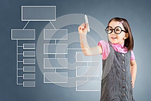 Cute little girl wearing business dress and writing process flowchart diagram on screen. Blue background.