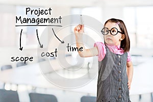 Cute little girl wearing business dress and writing project management concept. Office background.