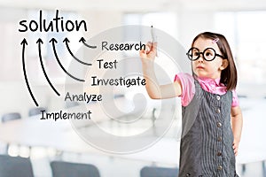 Cute little girl wearing business dress and writing solution finding method. Office background.
