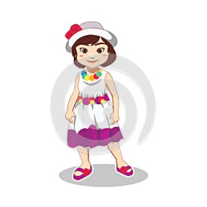 Cute Little Girl wearing Dress, Hat and Slipper in Summer Vacation