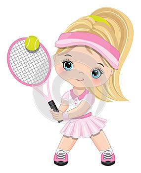 Cute Little Girl Wearing Pink and White Sport Outfit Playing Tennis. Vector Little Tennis Player