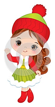 Cute Little Girl Wearing Winter Dress and Knitted Hat. Vector Christmas Cute Girl