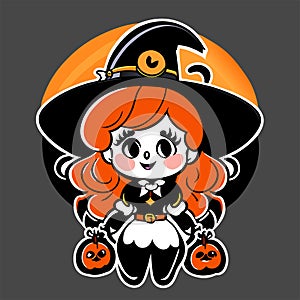 cute little girl in witch costume with pumpkins,  illustration AI generated