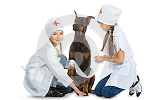 Cute little girls dressed like doctor treated dog