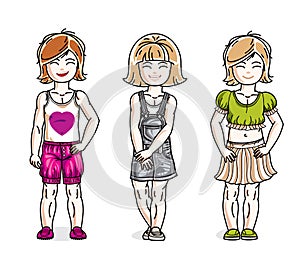 Cute little girls group standing wearing casual clothes. Vector