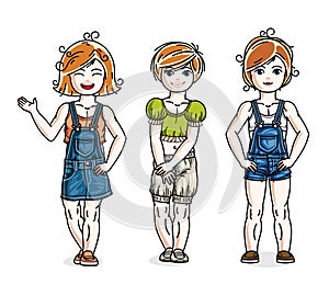 Cute little girls group standing wearing casual clothes. Vector